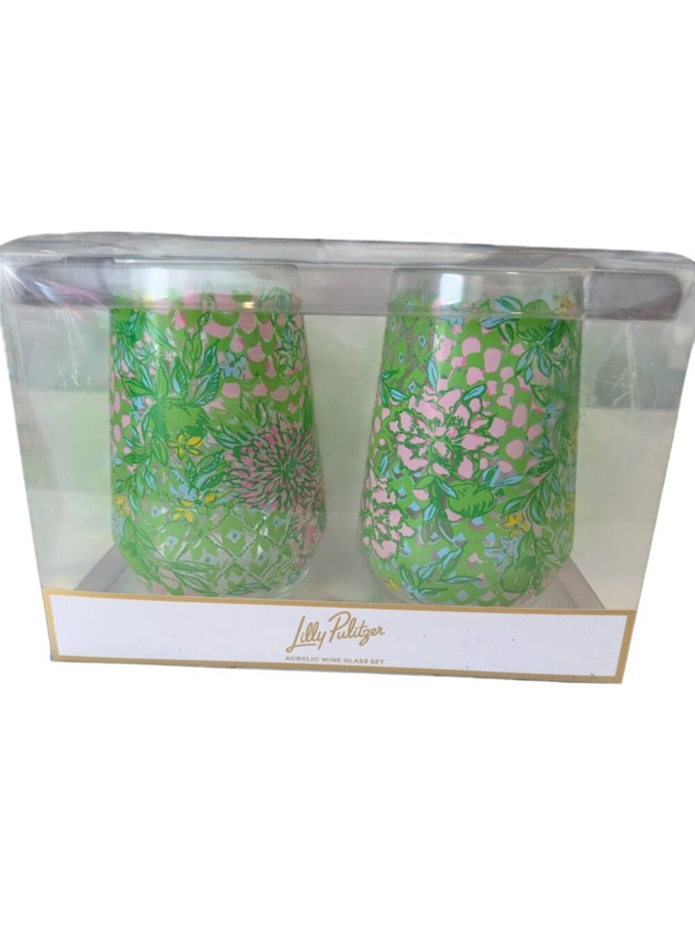 Lilly Pulitzer Fauna Green Lime Feeling Good 22 Ounces Acrylic Wine Glasses New